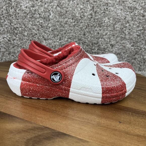 Crocs Kids Christmas/Holiday Size 13 Peppermint Glitter Classic Lined Red White - Picture 2 of 11